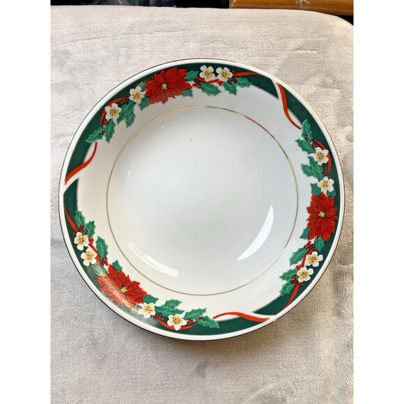 VTG Set of 2 Tienshan 9.5" Deck The Halls Serving Bowl Christmas Poinsettia Dish - Picture 3 of 12